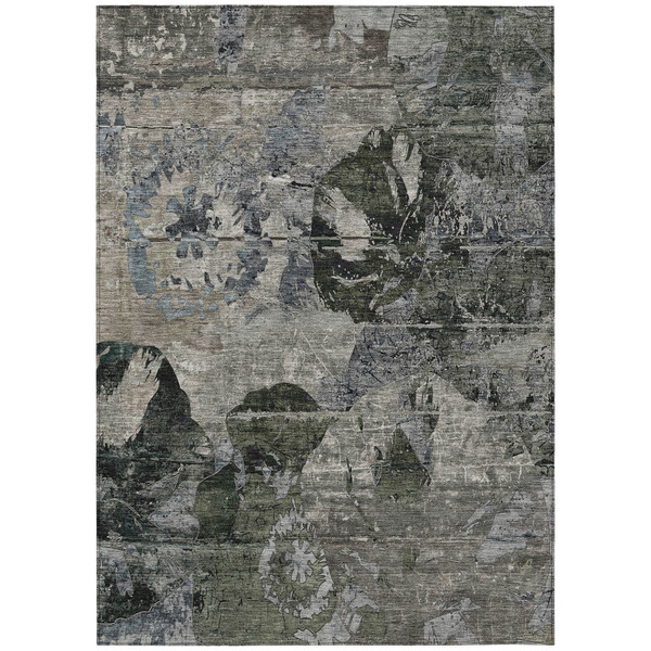 8' X 10' Gray Dark Green and Black Floral Washable Non Skid Indoor Outdoor Area Rug N270-562755