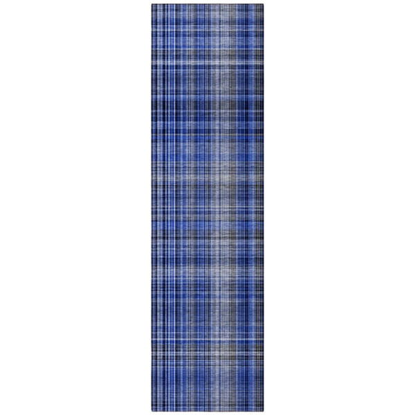 8' Runner Navy Blue Plaid Washable Non Skid Indoor Outdoor Runner Rug N270-561886