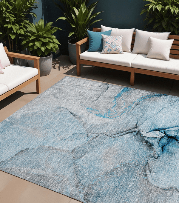 8' X 10' Blue and Ivory Abstract Washable Non Skid Indoor Outdoor Area Rug N270-559682