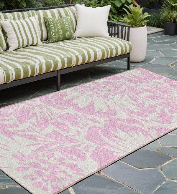 8' Runner Pink and Ivory Floral Washable Non Skid Indoor Outdoor Runner Rug N270-562507