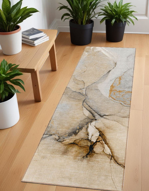 8' Runner Beige Abstract Washable Non Skid Indoor Outdoor Runner Rug N270-559668