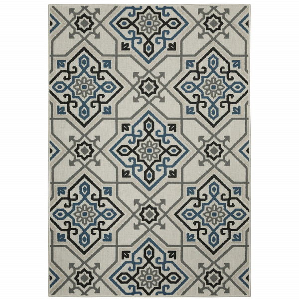 7' X 9' Blue and Beige Oriental Stain Resistant Indoor Outdoor Area Rug N270-507803