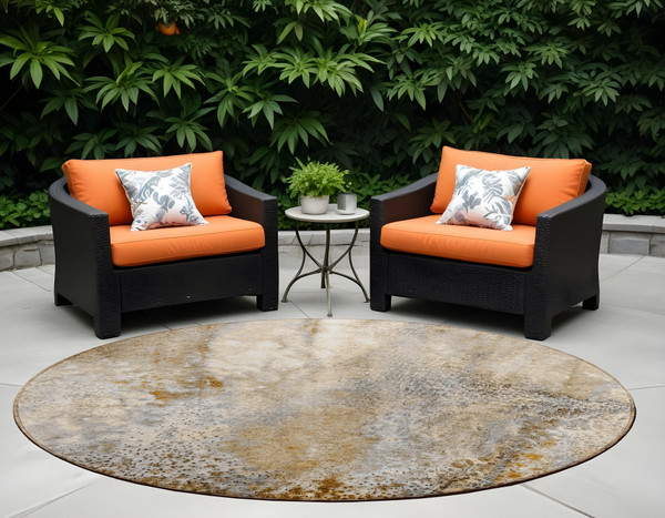 8' Round Brown Round Abstract Washable Non Skid Indoor Outdoor Area Rug N270-559573