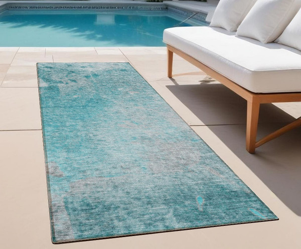 8' Runner Teal Abstract Washable Non Skid Indoor Outdoor Runner Rug N270-563314