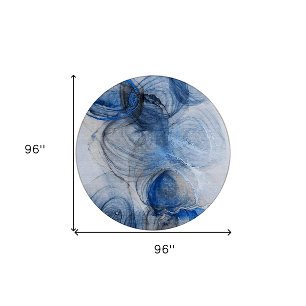 8' Round Ivory Blue and Gray Round Abstract Washable Non Skid Indoor Outdoor Area Rug N270-560006