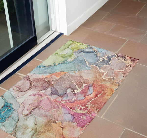 3' X 5' Blue Abstract Washable Non Skid Indoor Outdoor Area Rug N270-559171