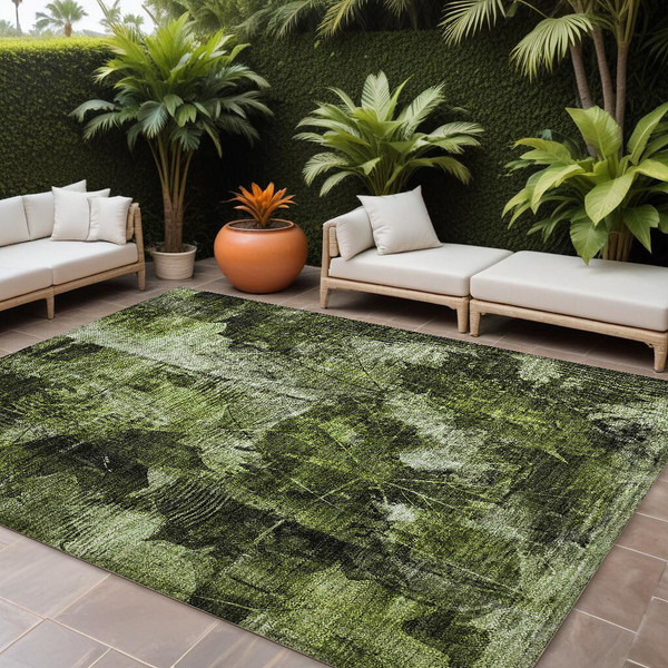 9' X 12' Green Floral Washable Non Skid Indoor Outdoor Area Rug N270-563176