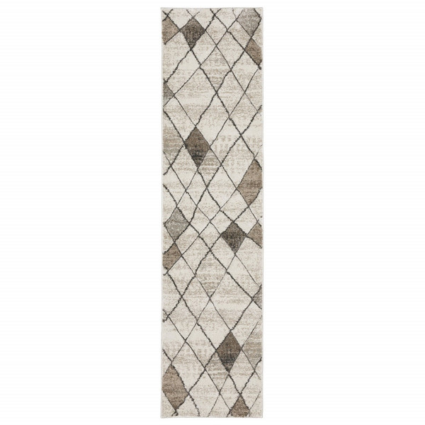 2' X 8' Beige Grey Tan And Brown Geometric Power Loom Stain Resistant Runner Rug N270-508498