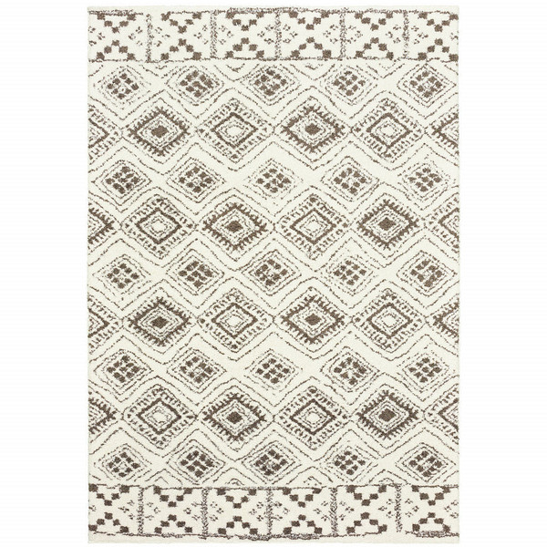 10' X 13' Ivory And Brown Geometric Shag Power Loom Stain Resistant Area Rug N270-509911