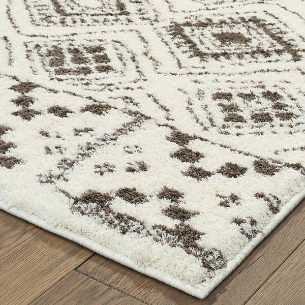 10' X 13' Ivory And Brown Geometric Shag Power Loom Stain Resistant Area Rug N270-509911