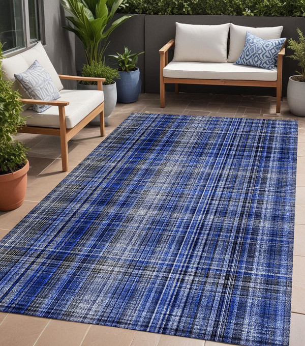 5' X 8' Navy Blue Plaid Washable Non Skid Indoor Outdoor Area Rug N270-561889