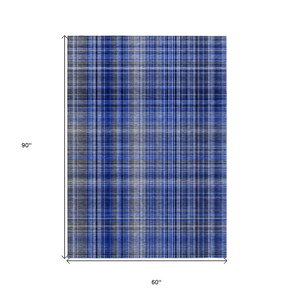 5' X 8' Navy Blue Plaid Washable Non Skid Indoor Outdoor Area Rug N270-561889