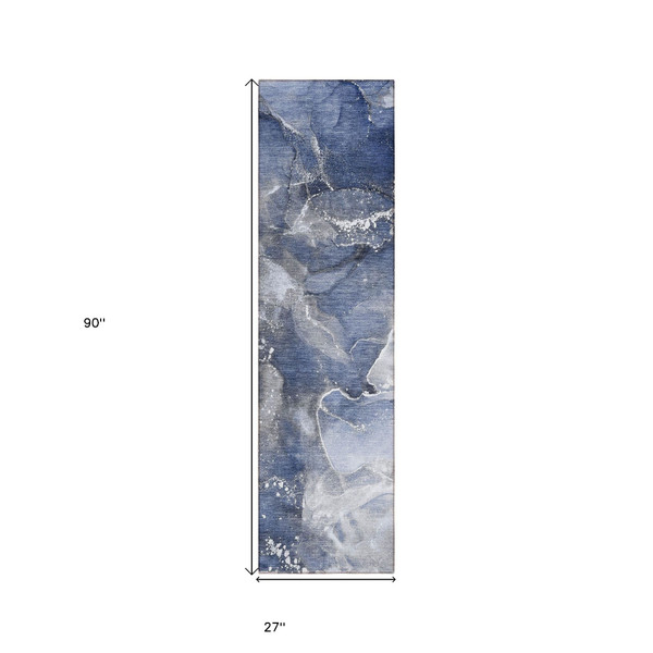 8' Runner Blue and Gray Abstract Washable Non Skid Indoor Outdoor Runner Rug N270-560311