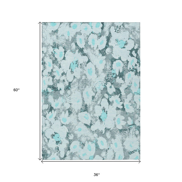 3' X 5' Teal Floral Washable Non Skid Indoor Outdoor Area Rug N270-561735