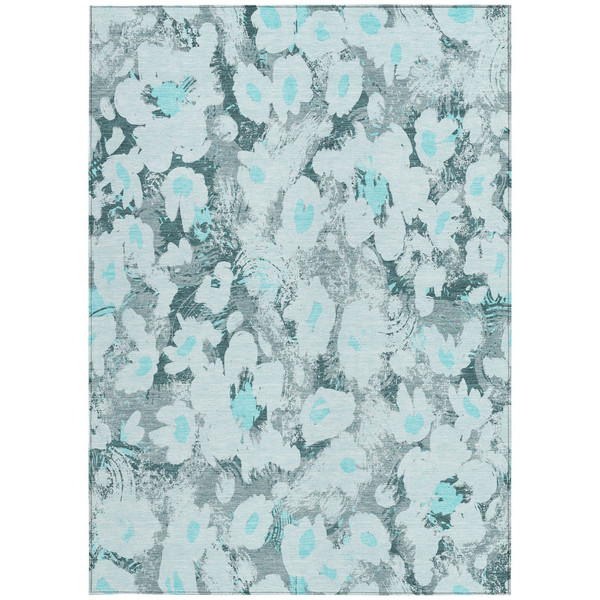 3' X 5' Teal Floral Washable Non Skid Indoor Outdoor Area Rug N270-561735
