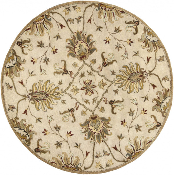 5' Round Champagne Floral Vine Wool Indoor Area Rug N270-375530