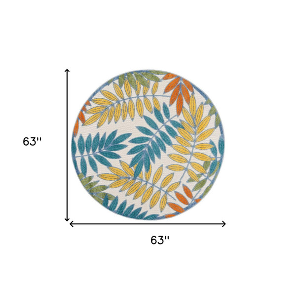 5' X 5' Ivory Round Floral Non Skid Indoor Outdoor Area Rug N270-479340