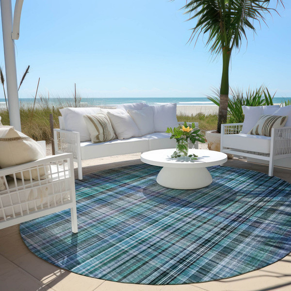 8' X 8' Blue Teal and Gray Round Plaid Washable Non Skid Indoor Outdoor Area Rug N270-561935