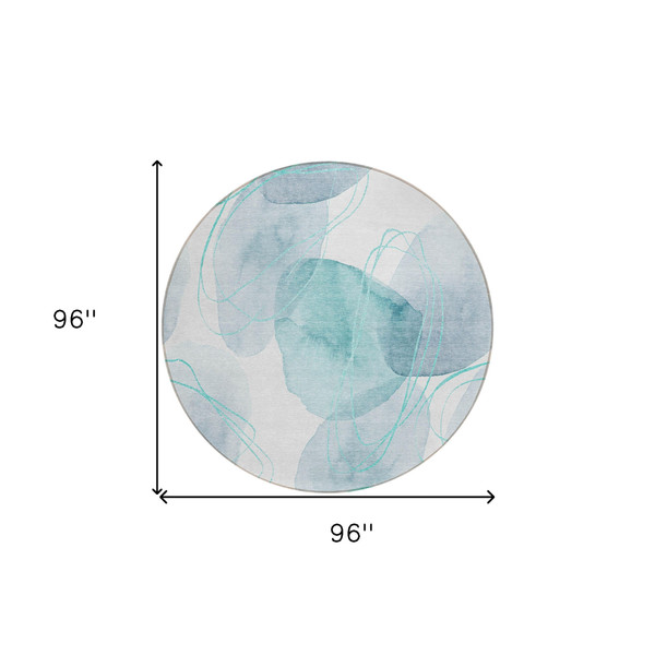 8' Round Teal and Ivory Round Abstract Washable Non Skid Indoor Outdoor Area Rug N270-562133