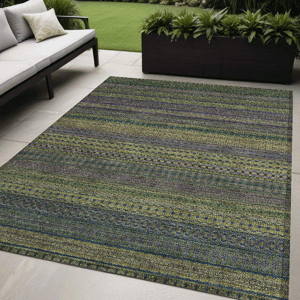 5' X 8' Olive Green Striped Washable Non Skid Indoor Outdoor Area Rug N270-560757