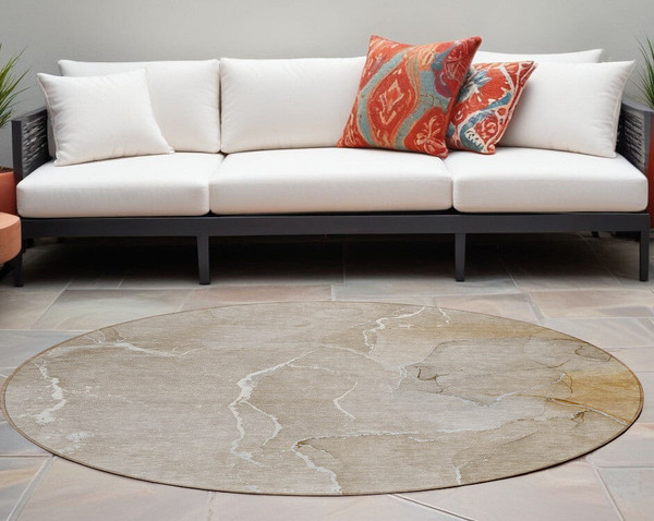 8' Round Beige Round Abstract Washable Non Skid Indoor Outdoor Area Rug N270-559916