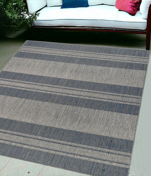 6' X 9' Blue and Gray Striped Stain Resistant Indoor Outdoor Area Rug N270-531645