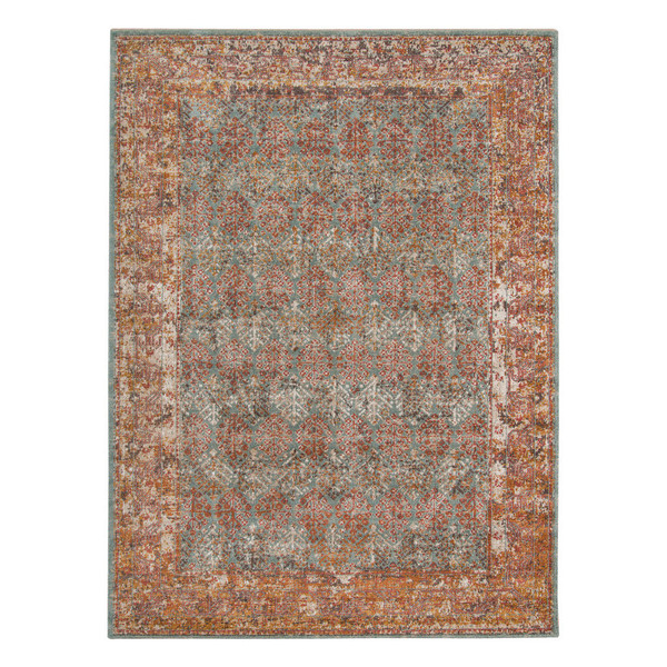 10' X 14' Teal and Orange Medallion Power Loom Worn Faded Area Rug N270-532070