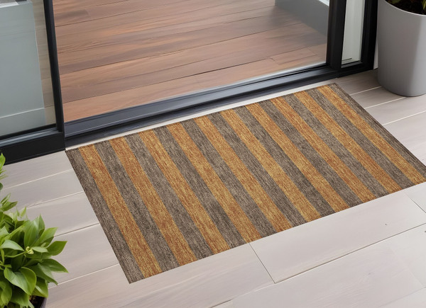 2' X 3' Brown and Tan Striped Washable Non Skid Indoor Outdoor Area Rug N270-561068
