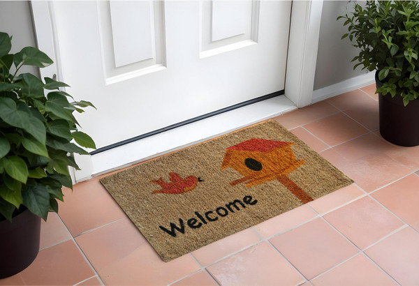 18" X 30" Beige and Black Coir Bird Welcome Outdoor Door Mat N270-555489