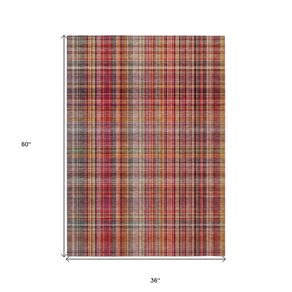 3' X 5' Red Orange and Brown Plaid Washable Non Skid Indoor Outdoor Area Rug N270-561915