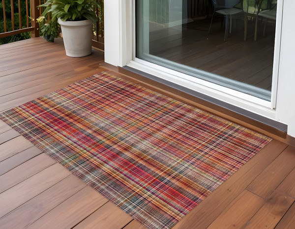 2' X 3' Red Orange and Brown Plaid Washable Non Skid Indoor Outdoor Area Rug N270-561912