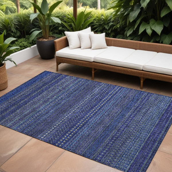 9' X 12' Navy Blue Striped Washable Non Skid Indoor Outdoor Area Rug N270-560751