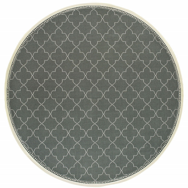 8' X 8' Gray and Ivory Round Geometric Stain Resistant Indoor Outdoor Area Rug N270-507057