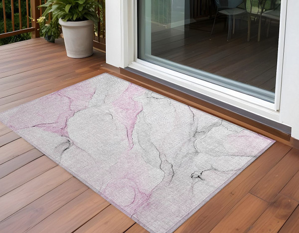 2' X 3' Gray and Pink Abstract Washable Non Skid Indoor Outdoor Area Rug N270-560184