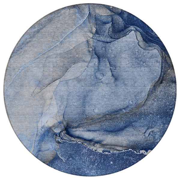 8' Round Navy Blue Round Abstract Washable Non Skid Indoor Outdoor Area Rug N270-560578