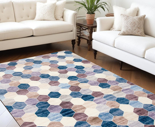 7' X 10' Ivory and Blue Geometric Distressed Area Rug N270-530533