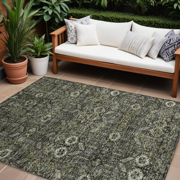 8' X 10' Moss Green and Gray Floral Washable Non Skid Indoor Outdoor Area Rug N270-564380