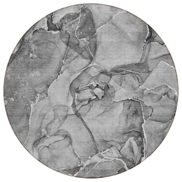 8' Round Gray and Ivory Round Abstract Washable Non Skid Indoor Outdoor Area Rug N270-560371