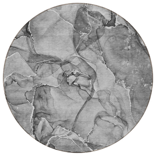 8' Round Gray and Ivory Round Abstract Washable Non Skid Indoor Outdoor Area Rug N270-560371