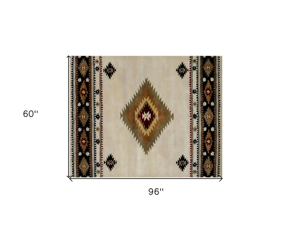 5' X 8' Ivory and Black Southwestern Hand Tufted Non Skid Area Rug N270-558179
