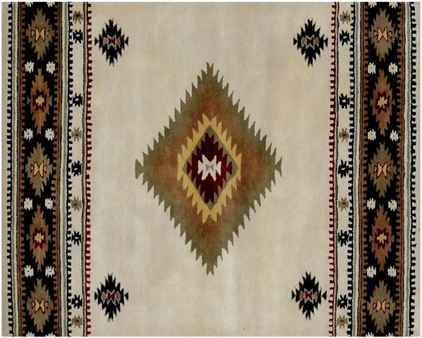 5' X 8' Ivory and Black Southwestern Hand Tufted Non Skid Area Rug N270-558179