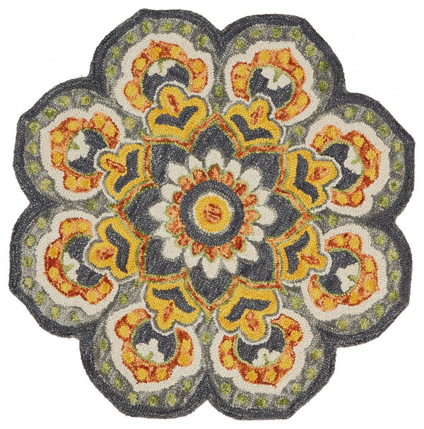 6' Gray Round Wool Geometric Hand Tufted Area Rug N270-393660