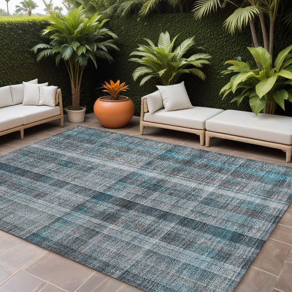 8' X 10' Teal Plaid Washable Non Skid Indoor Outdoor Area Rug N270-561508