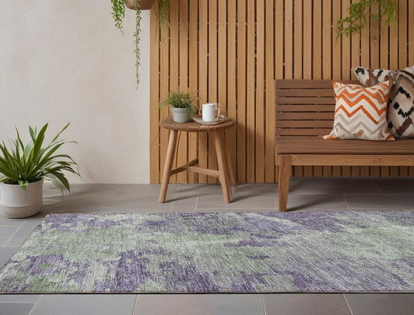 8' Runner Purple and Green Abstract Washable Non Skid Indoor Outdoor Runner Rug N270-564279