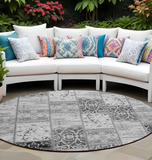 8' Round Gray Round Patchwork Washable Non Skid Indoor Outdoor Area Rug N270-563552