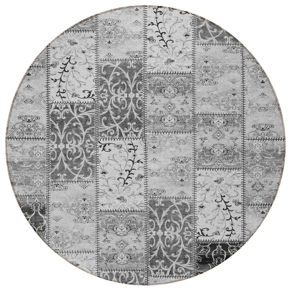 8' Round Gray Round Patchwork Washable Non Skid Indoor Outdoor Area Rug N270-563552