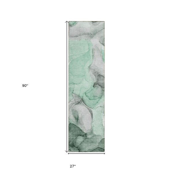8' Runner Green Abstract Washable Non Skid Indoor Outdoor Runner Rug N270-559506