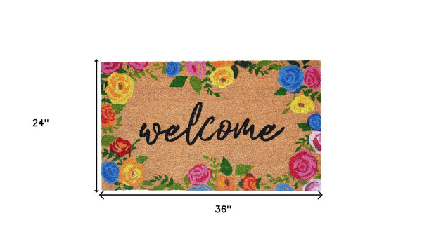 24" X 36" Natural and Black Coir Floral Welcome Outdoor Door Mat N270-555219