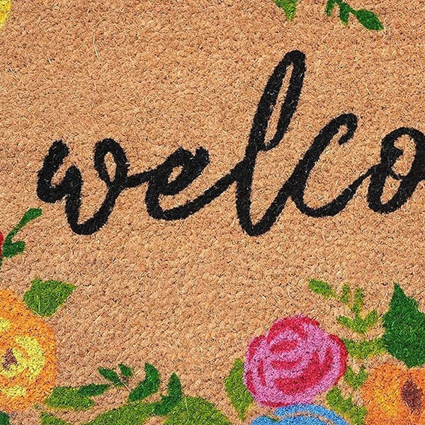 24" X 36" Natural and Black Coir Floral Welcome Outdoor Door Mat N270-555219