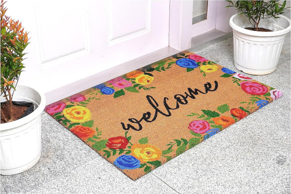 24" X 36" Natural and Black Coir Floral Welcome Outdoor Door Mat N270-555219